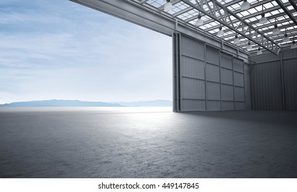 Aircraft hanger door open car stage 3D illustration