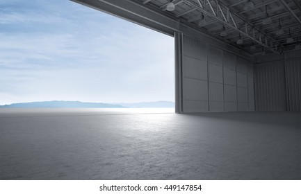 Aircraft Hanger Door Open Car Stage 3D Illustration