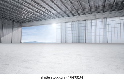 Aircraft Hanger Door Open Car Stage 3D Illustration