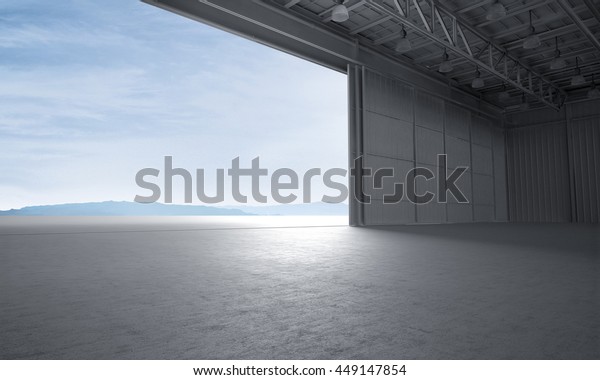 Aircraft\
hanger door open car stage 3D\
illustration