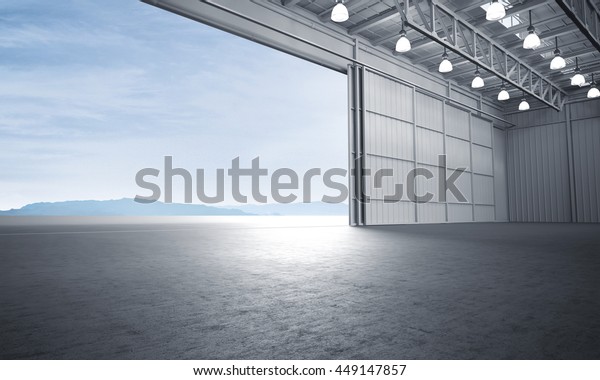 Aircraft\
hanger door open car stage 3D\
illustration