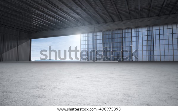 Aircraft Hanger Door Open Car Stage Stock Illustration 490975393