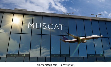 Aircraft Landing At Muscat, Oman 3D Rendering Illustration. Arrival In The City With The Glass Airport Terminal And Reflection Of Jet Plane. Travel, Business, Tourism And Transport.