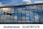 Aircraft landing at New York, USA 3D rendering illustration. Arrival in the city with the glass airport terminal and reflection of jet plane. Travel, business, tourism and transport.