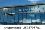 Aircraft landing at San Antonio, Texas, USA 3D rendering illustration. Arrival in the city with the glass airport terminal and reflection of jet plane. Travel, business, tourism and transport.
