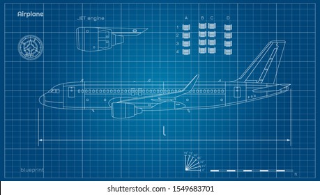 Aircraft In Outline Style. Blueprint Of Civil Plane. Side View Of Airplane. Industrial Drawing. Jet Engine On Blue Background