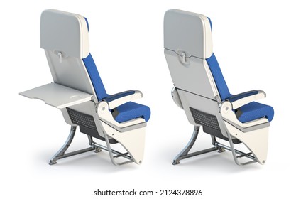 Aircraft Seat With Airplane Tray Table Open And Closed Isolated On White. 3d Illustration