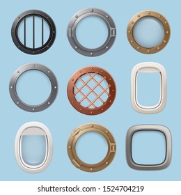 Aircraft window. Plane, jet ship or submarine interior with futuristic glass portholes of various shapes collection