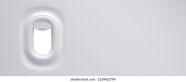 Aircraft Window. Realistic Airplane Porthole With Open Shade, Plane Cabin Interior. Mockup Illuminator Of White Plastic And Clear Plexiglass. Airline Journey 3d Render Illustration, Travel Banner