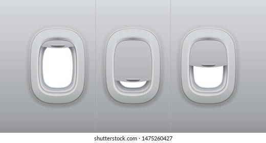 Aircraft windows. Airplane indoor portholes, plane interior window and fuselage glass porthole. Plastic or glass plane windows 3d isolated illustration set