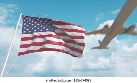 Airliner approaches the American flag. Tourism in the USA. 3D rendering