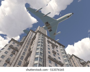 Airliner flying over a skyscraper
Computer generated 3D illustration