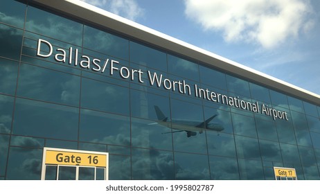 Airliner Landing Reflecting In The Windows With Dallas Fort Worth International Airport Text 3D Rendering