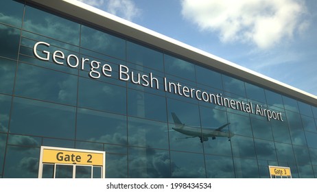 Desembarco de avión reflejado en las ventanas con renderización 3D de texto del aeropuerto intercontinental george bush