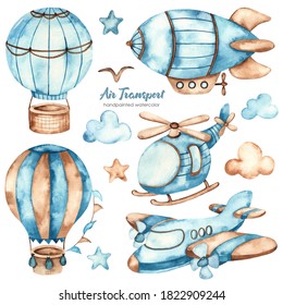 Airplane, Airship, Air Balloon, Helicopter. Watercolor Clipart Air Transport