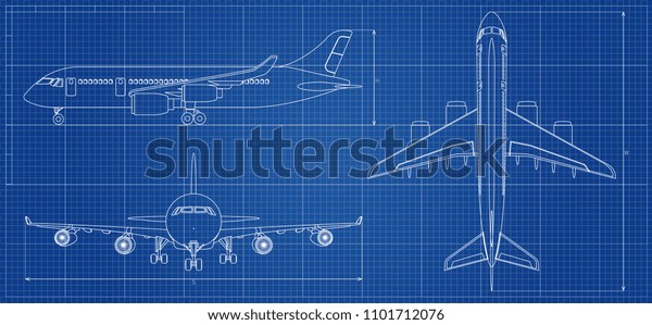 飛行機の設計図 青の背景に航空機の輪郭を描く 図 航空図面の青写真 平面スケッチグラフィック のイラスト素材