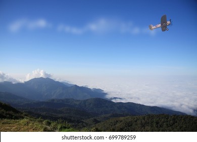 Airplane Cloud Letters, Plane Sky Writing, Blue Sky Mountain And Private Plane. 3d Illustration.