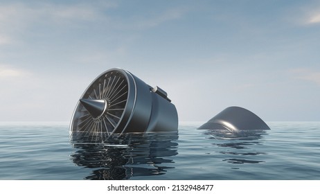 Airplane crash into the water. Plane engine in ocean after air crash. (3d illustration)