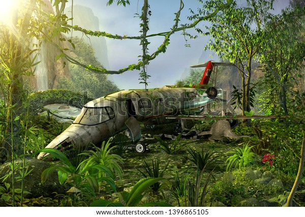 Airplane crashed in a lush jungle, wreck, crash\
site, 3d render