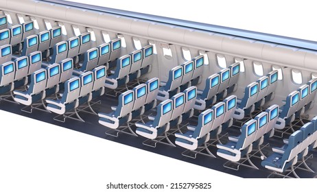 Airplane Cross Section, Plane Interior Cabin Side View 3d Rendering