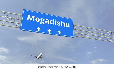 Airplane Flies Over Mogadishu City Road Sign 3D Rendering