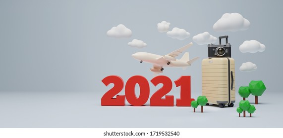 Airplane Flying Above 2021. Air Passenger Plane Travel In The Year 2021. 3d Rendering.