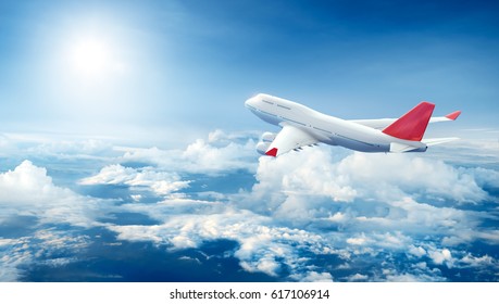 Airplane flying above clouds - 3D Rendering
