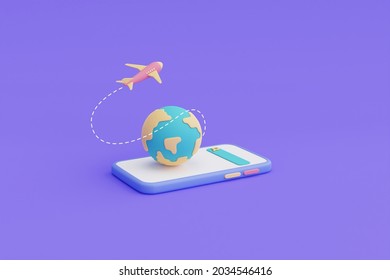 Airplane Flying Above Earth Globe With Smartphone .Online Travel,Tourism And Travel Concept,holiday Vacation,3d Render.