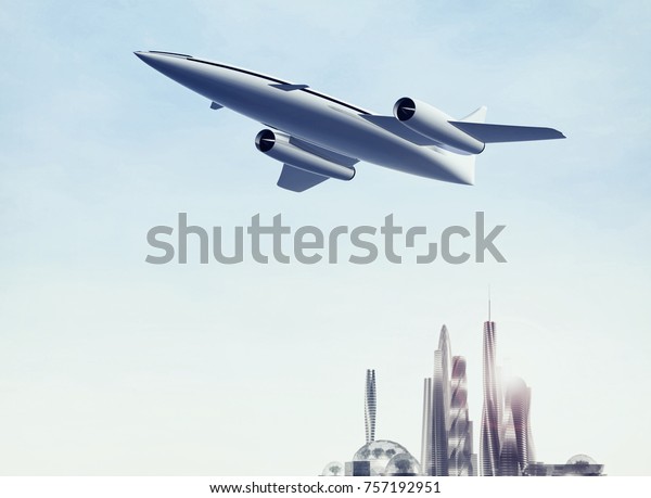 Airplane flying over a modern\
city. Concept of supersonic jet aircraft. 3d rendering\
illustration