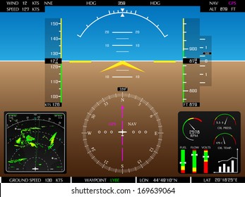 Airplane Glass Cockpit Display With Weather Radar And Engine Gauges, Raster Copy