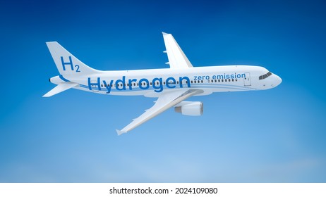 An Airplane With Hydrogen Fuel And Zero Emisson. 3D Illustration