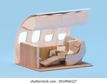 Airplane interior cross-section. Business class cabin. Passenger aircraft with business class travel seats. 3d illustration