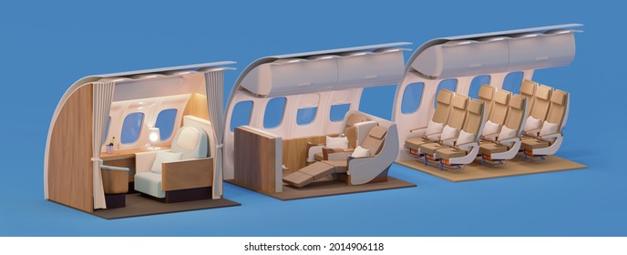 Airplane Interior Cross-section. First And Business Chairs And Economy Class Seats. Passenger Aircraft With Cabins Of The Different Travel Classes. 3d Illustration