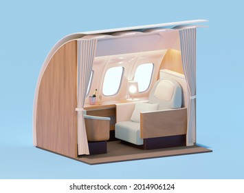 Airplane interior cross-section. First class cabin. Passenger aircraft with first travel class seat. 3d illustration