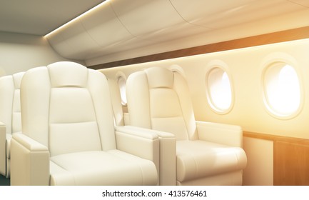 Airplane interior with white leather armchairs, wooden insertions and several portholes with sky view. Toned image. Sideview, 3D Rendering