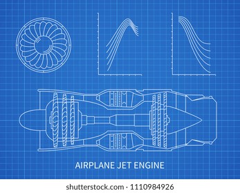 Airplane Jet Engine With Turbine Blueprint Design. Illustration Of Air Engine And Turbine Plan Drawing Blueprint