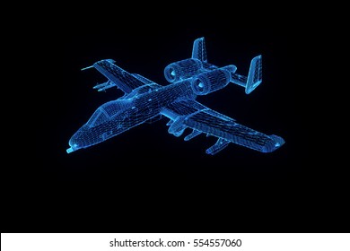 Airplane Jet In Hologram Wireframe Style. Nice 3D Rendering
