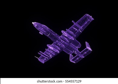 Airplane Jet In Hologram Wireframe Style. Nice 3D Rendering
