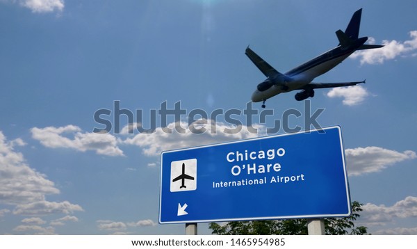 Airplane landing in Chicago O\'Hare,\
Illinois, USA. City arrival with international airport direction\
signboard and blue sky in background. Travel, trip and transport\
concept 3d\
illustration.