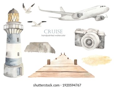 Airplane, Lighthouse, Pier, Camera, Seagulls. Watercolor Set Of Sea Cruise. Hand Drawn Clipart