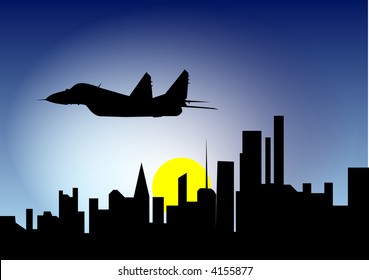 airplane over the city