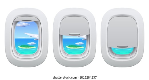 Airplane Porthole View. Plane Open And Closed Window Inside View For Island In Ocean. Traveling By Aircraft Concept, Going On Vacation. Airplane Wing With Greenery And Water Outside