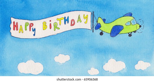 Airplane pulling a Happy Birthday banner. Watercolor painting. - Powered by Shutterstock