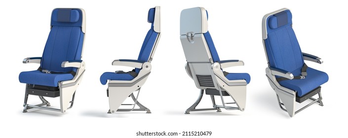 Airplane seat in different views. Aircraft interior armchair isolated on white background. 3d illustration