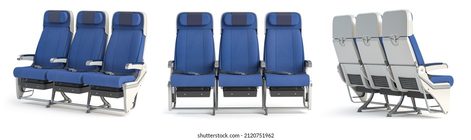Airplane seat in different views  Aircraft interior armchair isolated white background  3d illustration