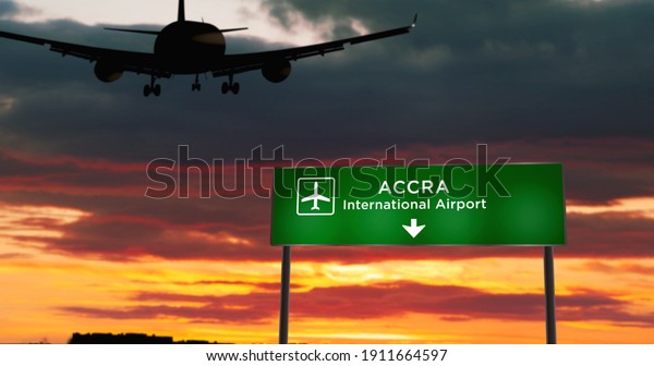 ガーナのアクラに着陸した飛行機のシルエット 空港の方向看板と日没の背景に市の到着 旅と交通のコンセプト3dイラスト のイラスト素材