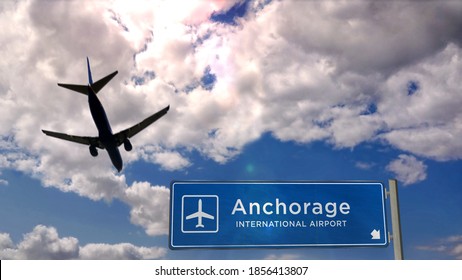 Airplane silhouette landing in Anchorage, Alaska, USA. City arrival with international airport direction signboard and blue sky in background. Travel, trip and transport concept 3d illustration.