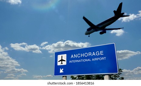 Airplane silhouette landing in Anchorage, Alaska, USA. City arrival with international airport direction signboard and blue sky in background. Travel, trip and transport concept 3d illustration.