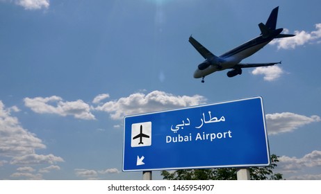Airplane silhouette landing in Dubai, United Arab Emirates. City arrival with international airport direction signboard and blue sky in background. Travel, trip and transport concept 3d illustration.