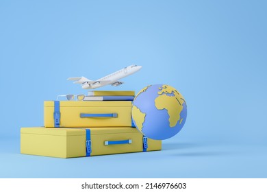 Airplane Take Off And Suitcase, Bag With Books And Eyeglasses. Earth Sphere, International Worldwide Flight, Blue Background. Concept Of Trip And Travel. 3D Rendering